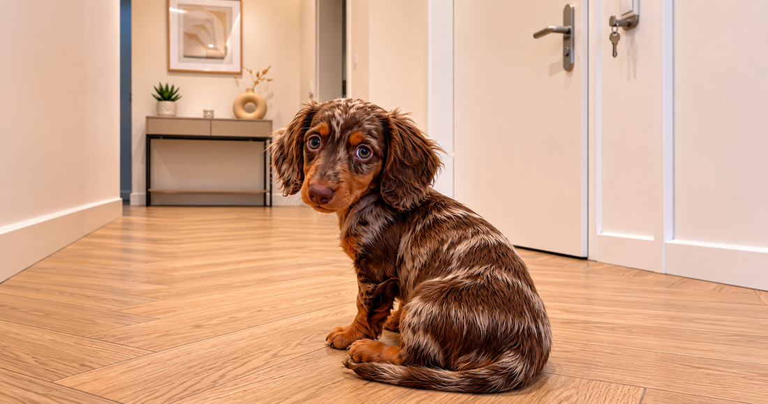 Chiot teckel assis seul face à la porte — anxiété de séparation Kindlypaw