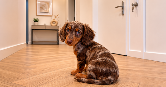 Chiot teckel assis seul face à la porte — anxiété de séparation Kindlypaw