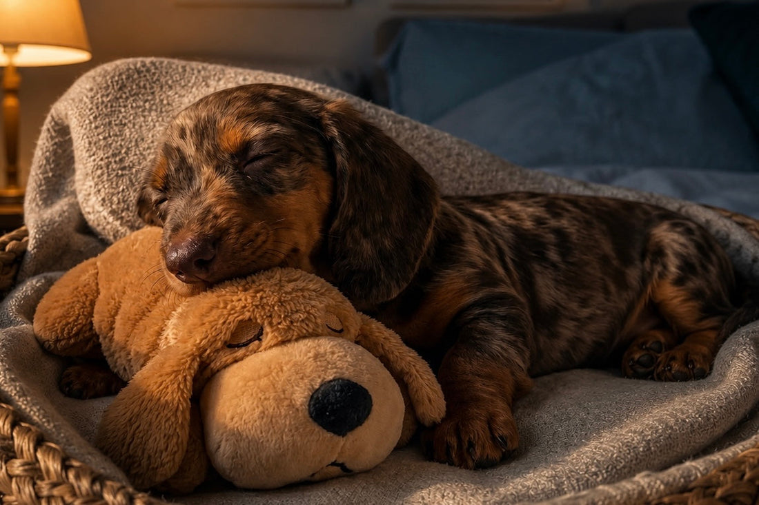 Teckel endormi blotti contre sa peluche dans son panier la nuit — Kindlypaw Lab