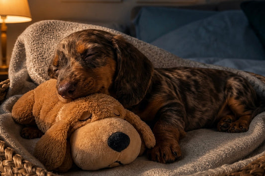 Teckel endormi blotti contre sa peluche dans son panier la nuit — Kindlypaw Lab