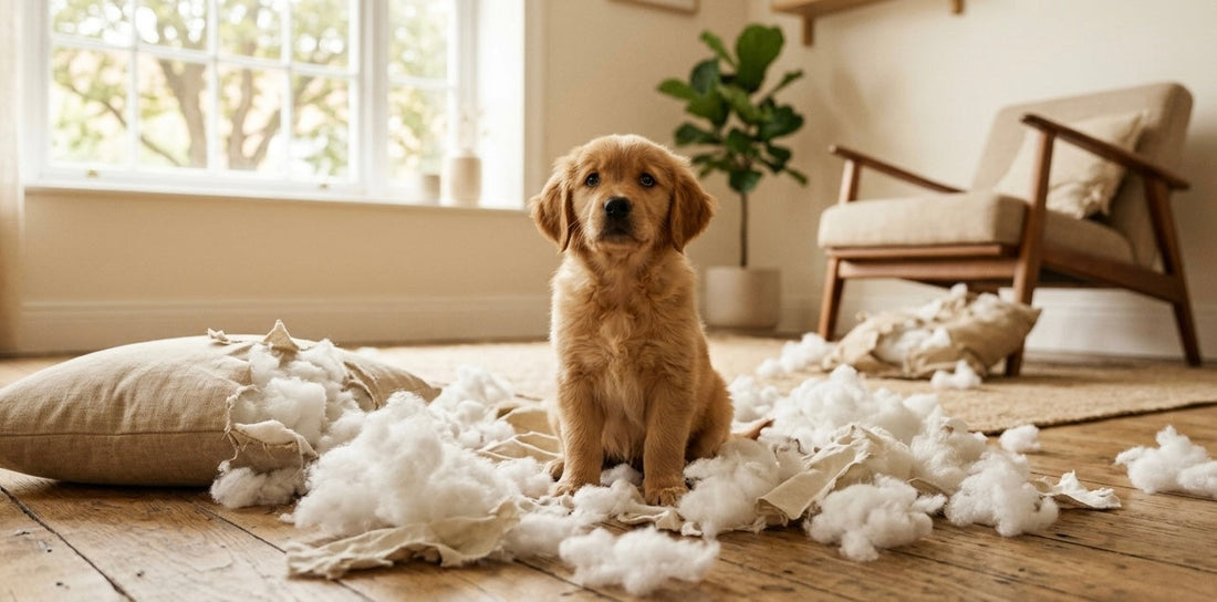 Chiot golden retriever qui détruit un coussin seul à la maison — anxiété de séparation
