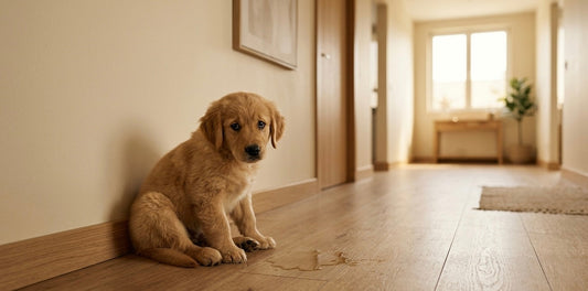 Chiot seul dans le couloir avec une flaque de pipi sur le parquet — anxiété de séparation