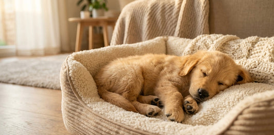 Chiot golden retriever endormi paisiblement dans son panier — effet apaisant du battement de cœur maternel