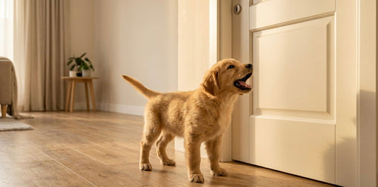 Chiot qui aboie seul devant la porte fermée — signe d'anxiété de séparation