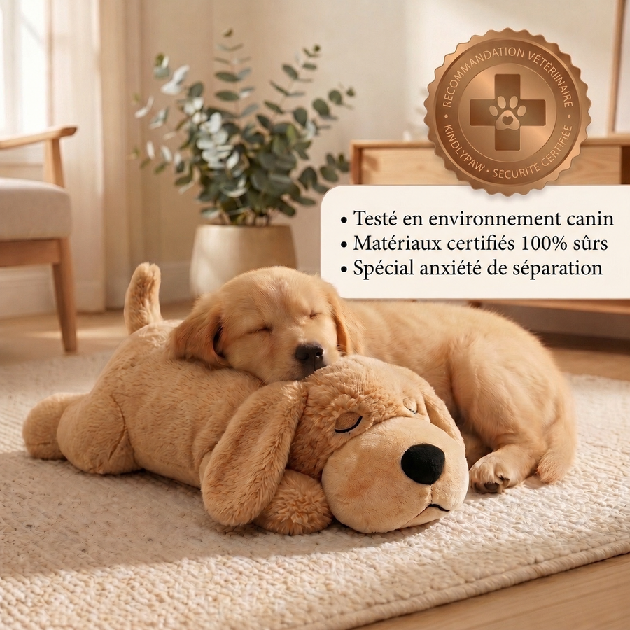 Peluche anti-anxiété chiot Milo Kindlypaw testée en environnement canin avec matériaux certifiés sûrs