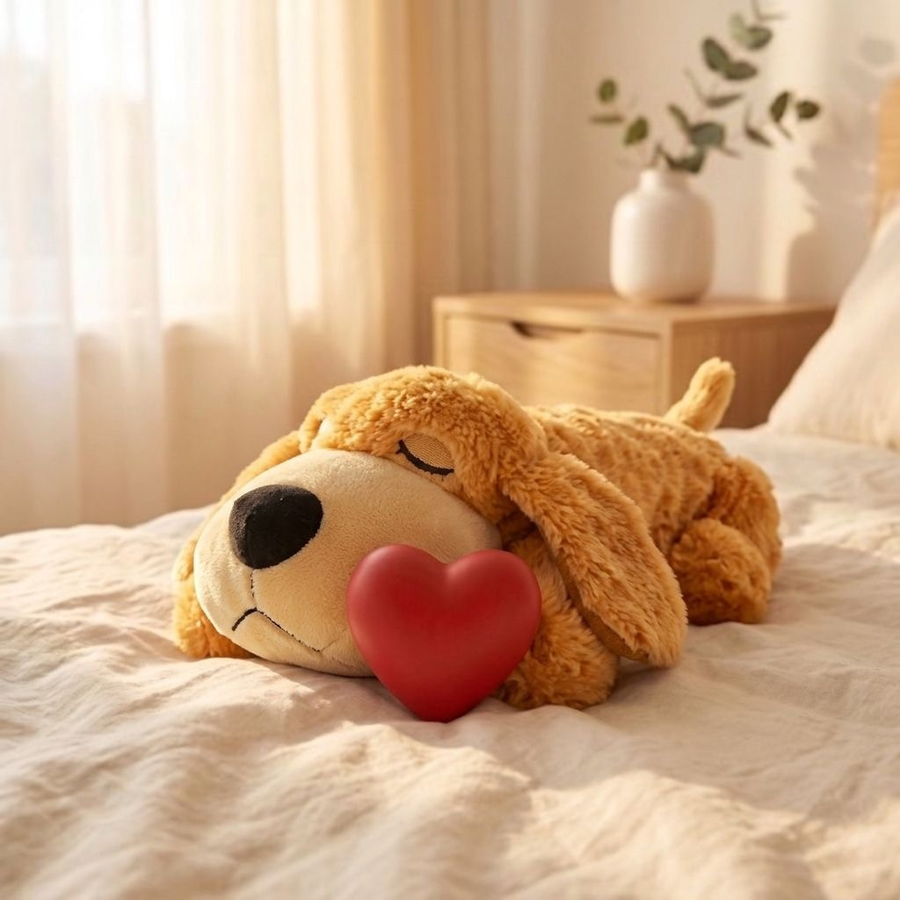 Peluche anti-anxiété chiot Milo Kindlypaw avec cœur battant rou sur lit en lin crèmee